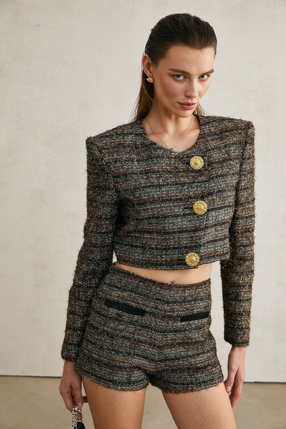Éloïse metallicthreading cropped jacket