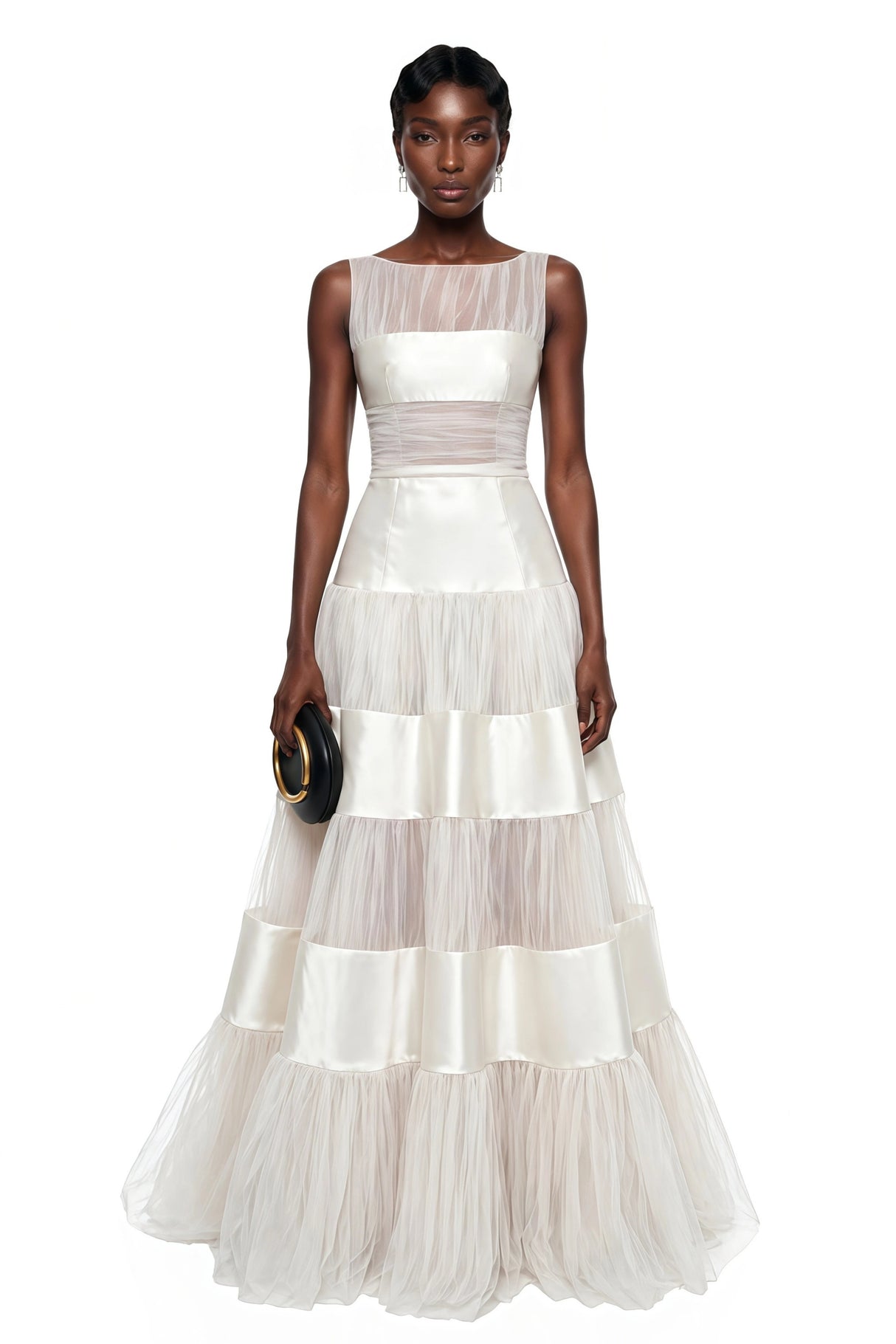 Eloise White Mesh Panel Maxi Dress with Satin Stripes