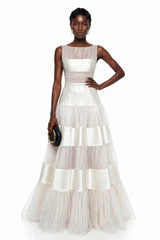 Eloise White Mesh Panel Maxi Dress with Satin Stripes