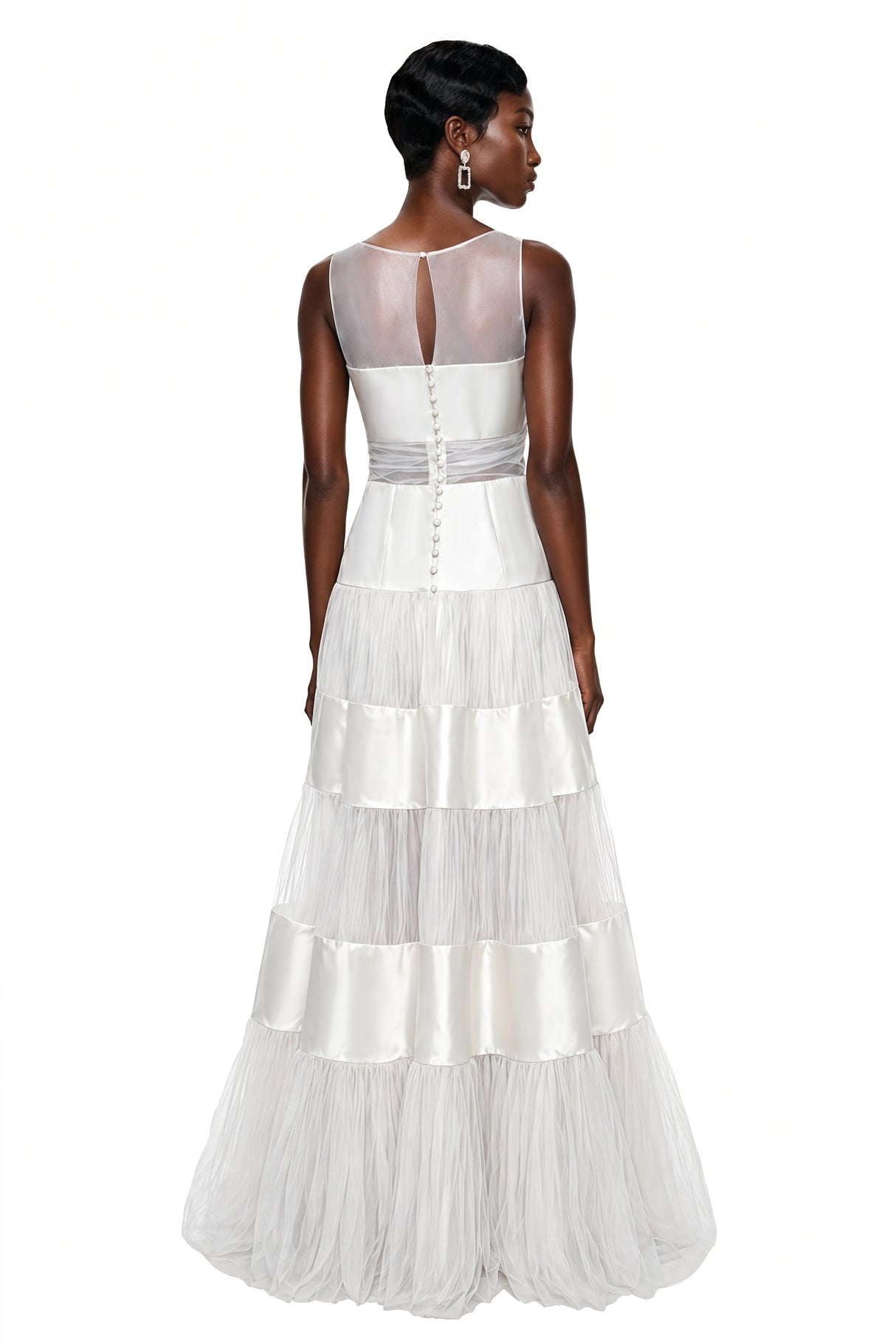 Eloise White Mesh Panel Maxi Dress with Satin Stripes