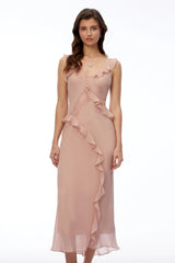 Elowen Dusty Pink VNeck Ruffled Maxi Dress