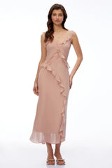Elowen Dusty Pink VNeck Ruffled Maxi Dress