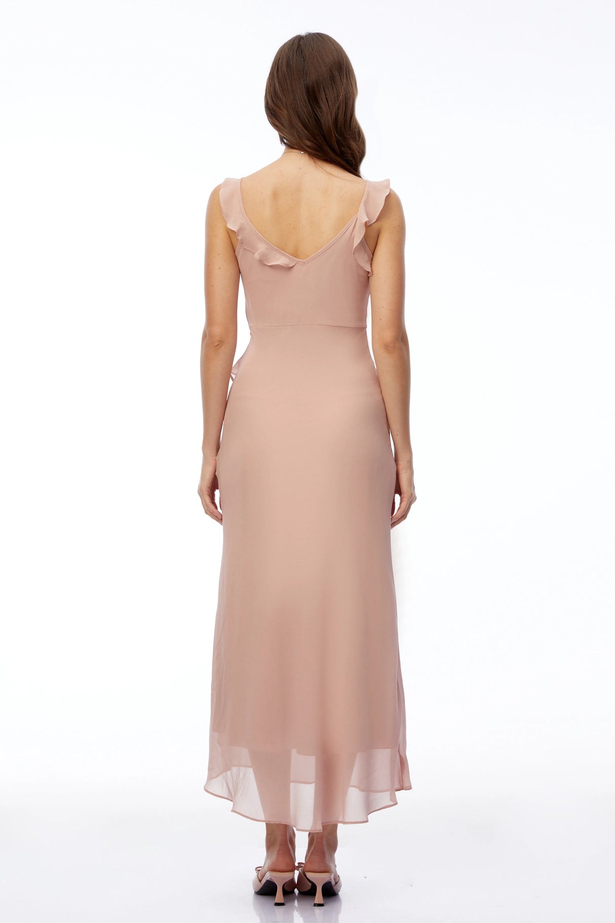 Elowen Dusty Pink VNeck Ruffled Maxi Dress