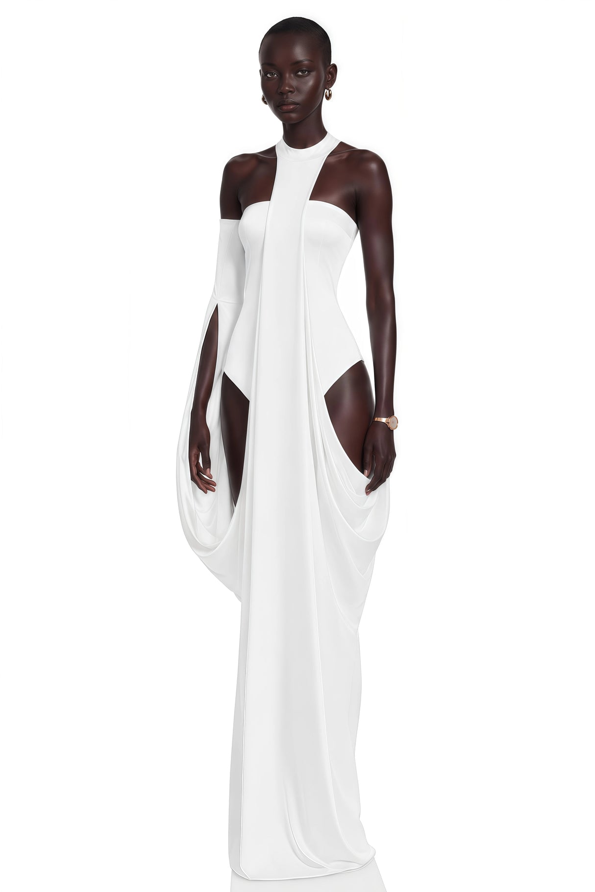 Elowen White Halter Neck Draped Maxi Dress