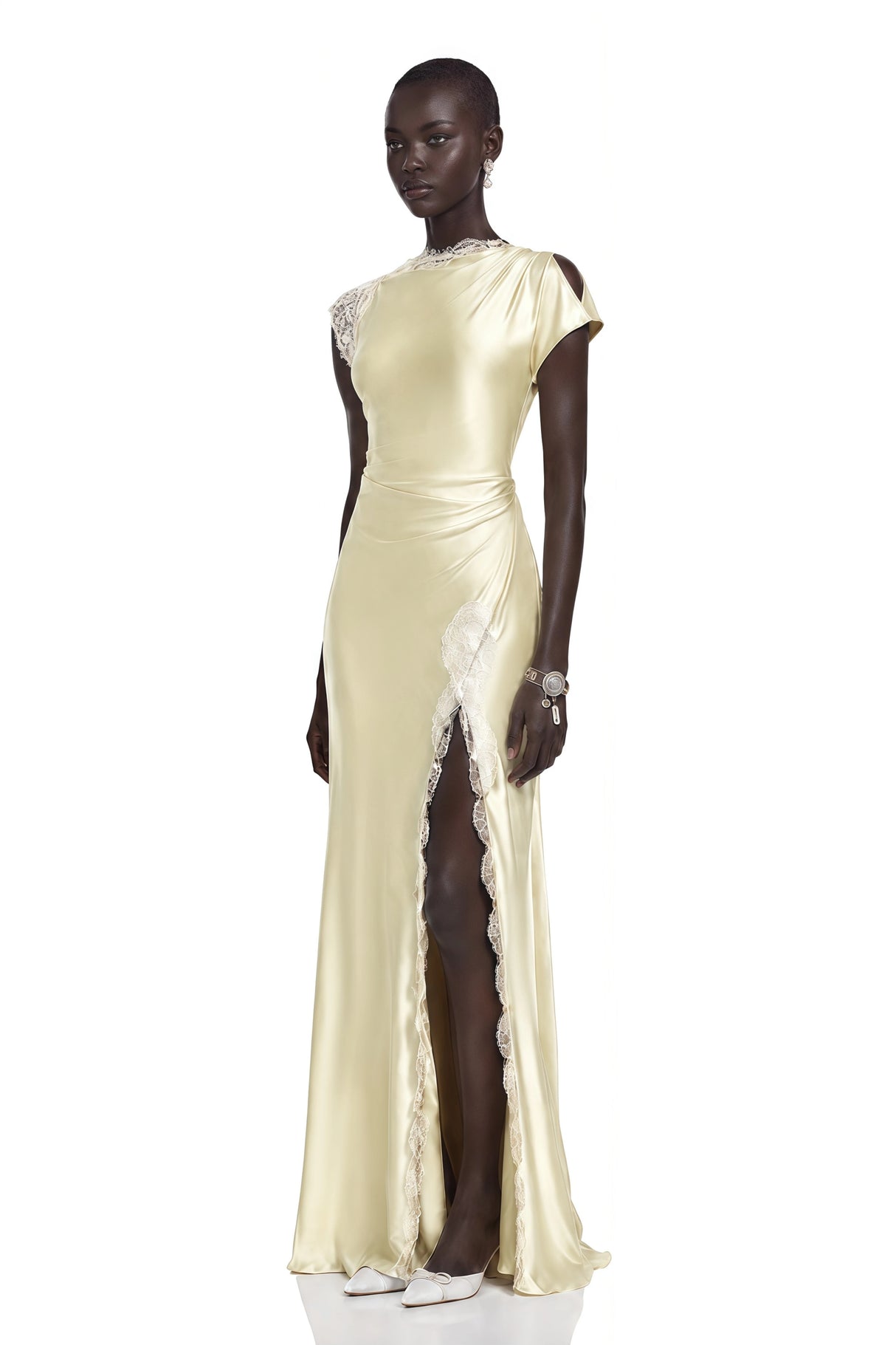 Elowen Yellow Satin Maxi Dress with Lace Trim and Slit