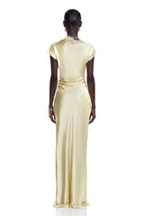 Elowen Yellow Satin Maxi Dress with Lace Trim and Slit