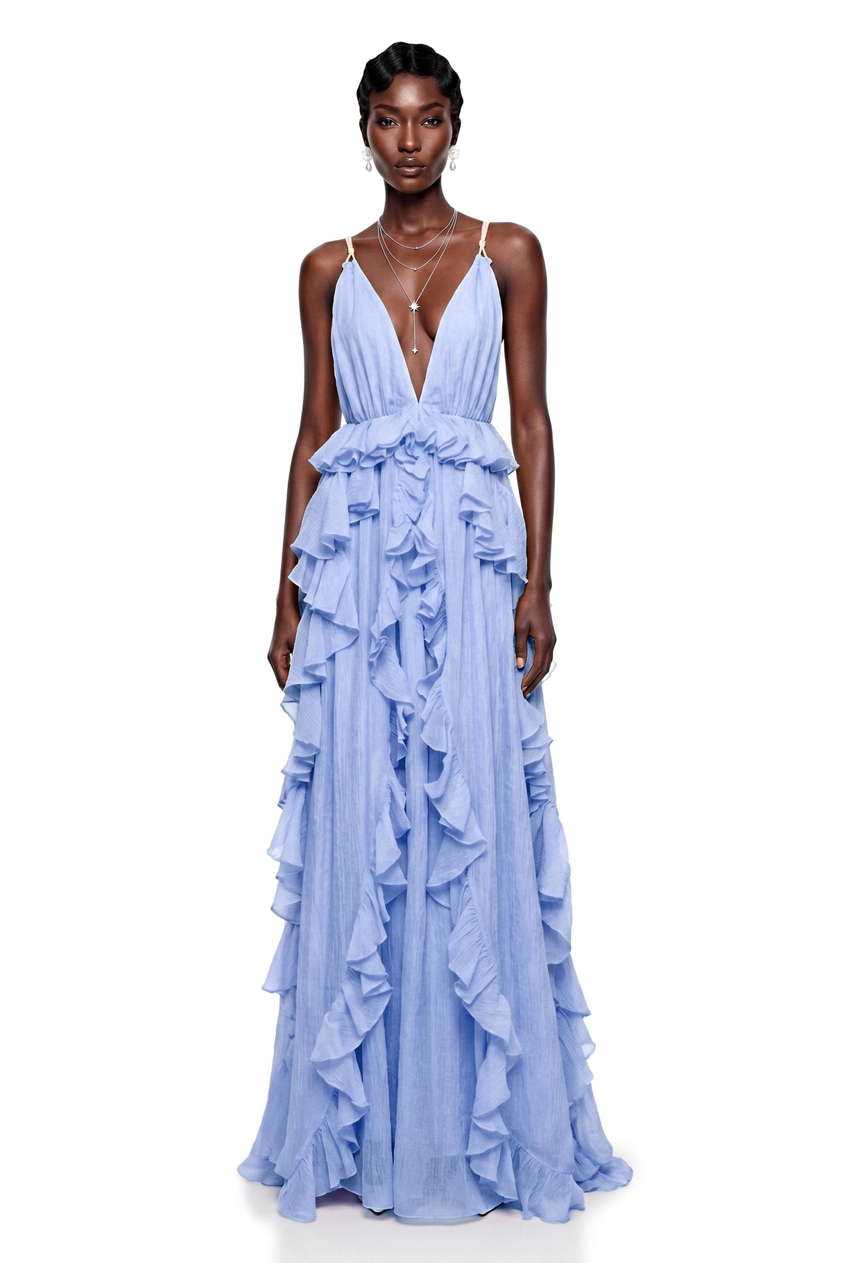 Elowyn Blue Backless Ruffled Maxi Dress