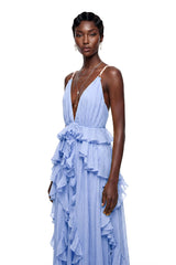 Elowyn Blue Backless Ruffled Maxi Dress
