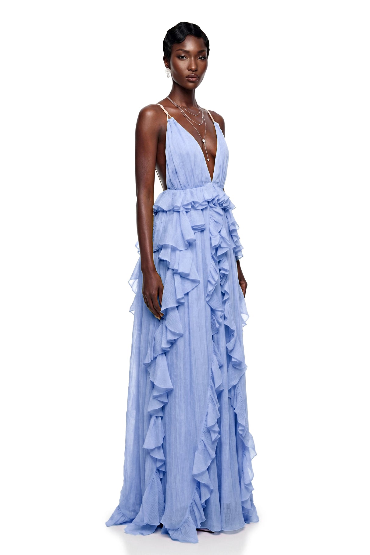 Elowyn Blue Backless Ruffled Maxi Dress