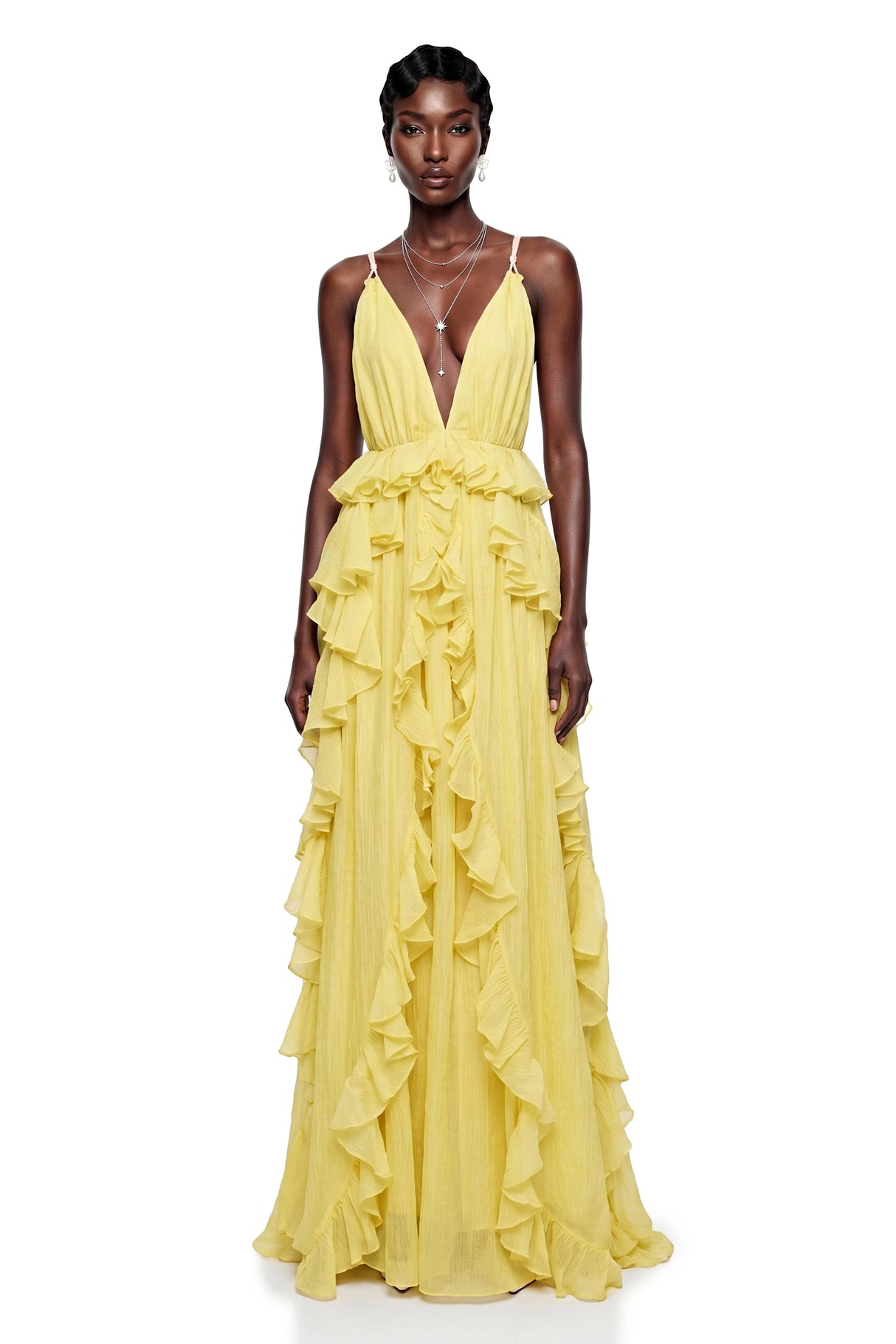 Elowyn Yellow Backless Ruffled Maxi Dress