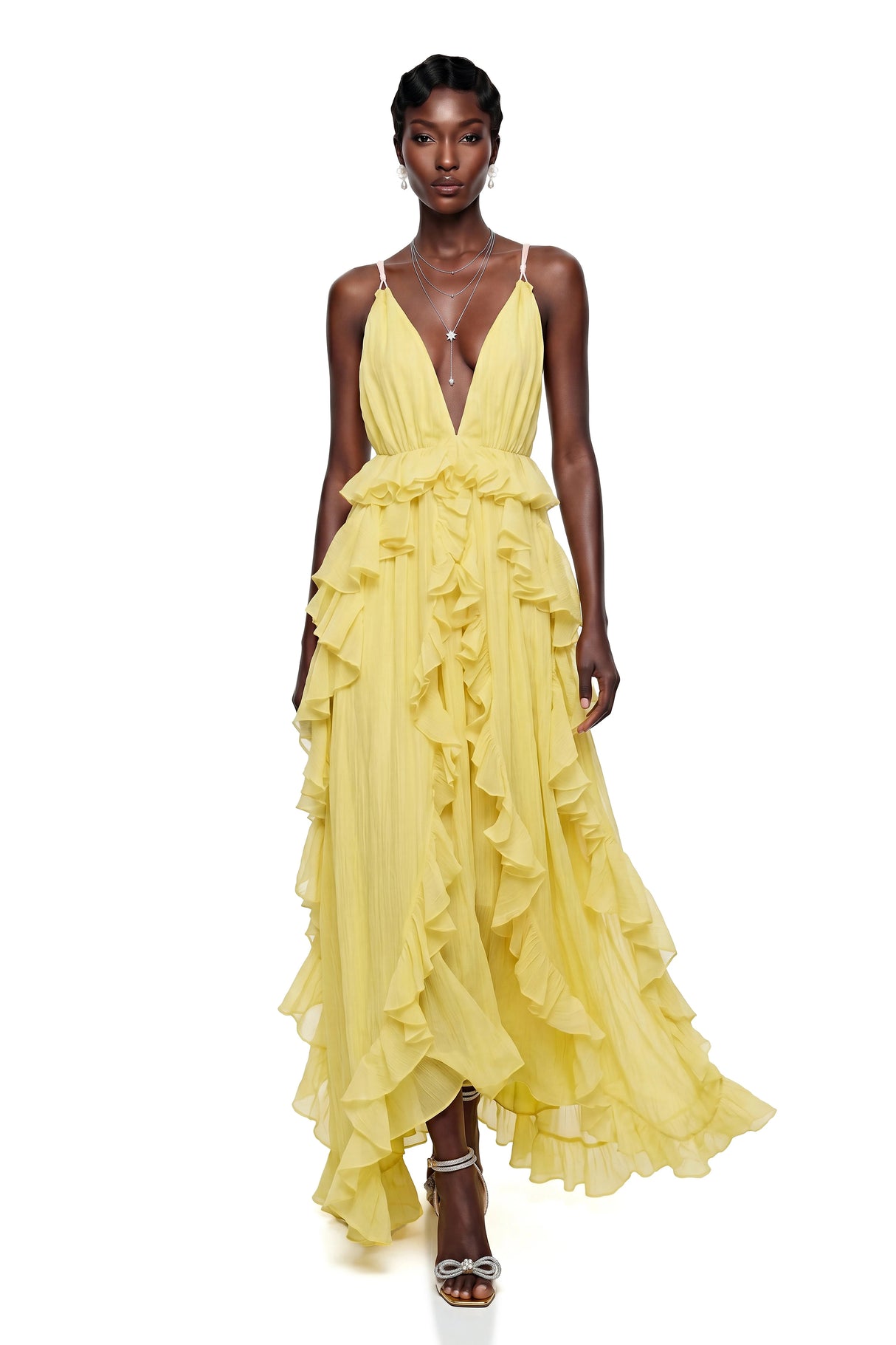 Elowyn Yellow Backless Ruffled Maxi Dress