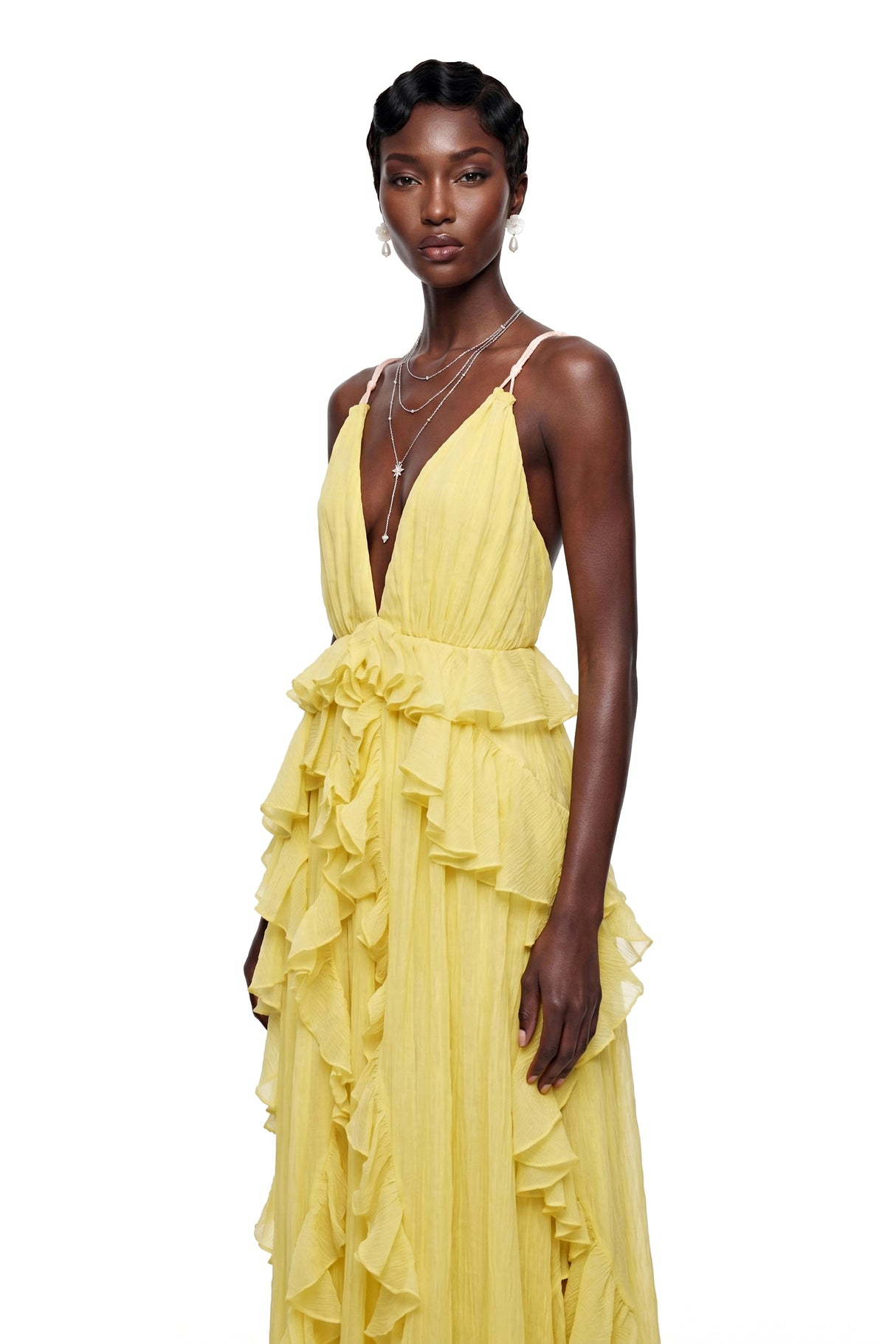 Elowyn Yellow Backless Ruffled Maxi Dress