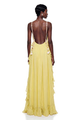 Elowyn Yellow Backless Ruffled Maxi Dress