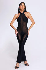 Emanuela Black Mesh High Neckline Jumpsuit Dress