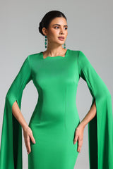 Emanuela Green Flared Sleeve Dress Square Neckline High Slit Detail