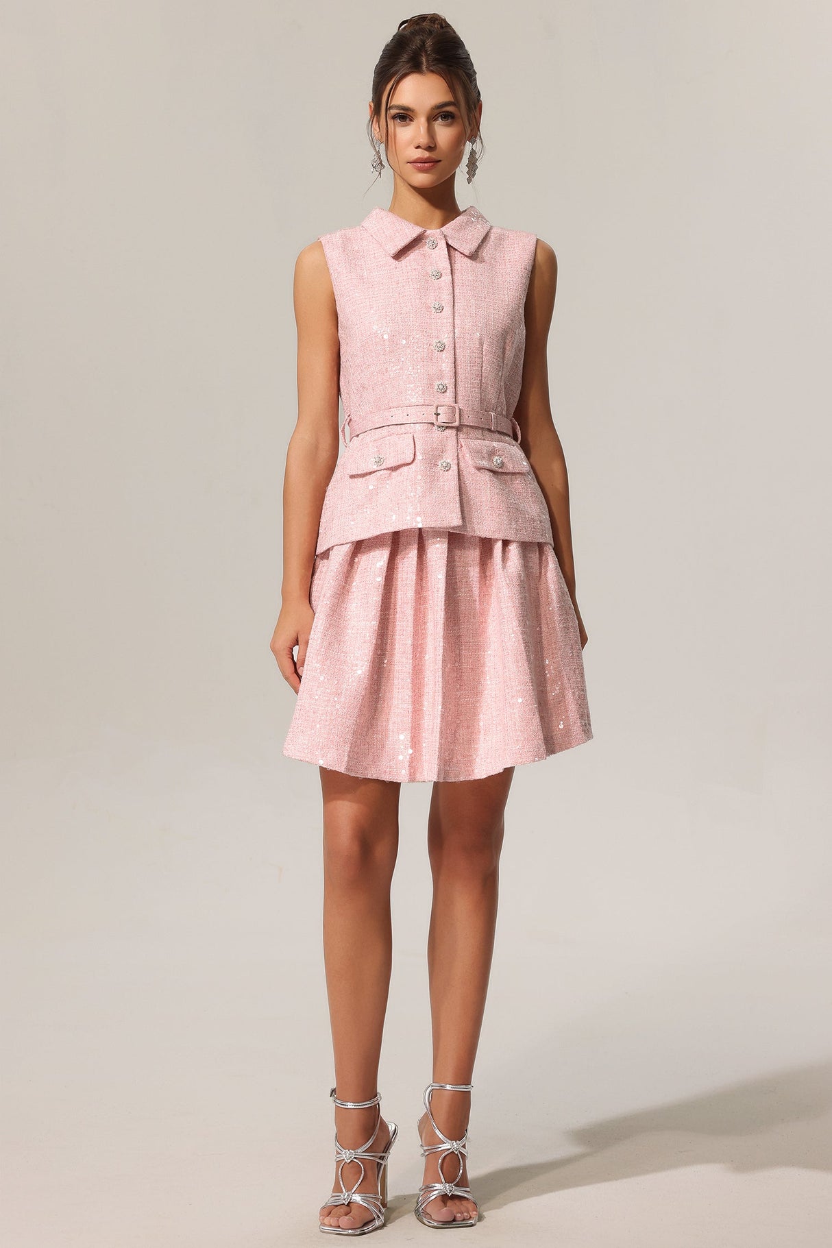 Emanuela Pink Sequin Lapel Mini Dress with Belted Waist and Pleated Skirt