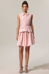 Emanuela Pink Sequin Lapel Mini Dress with Belted Waist and Pleated Skirt