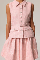 Emanuela Pink Sequin Lapel Sleeveless Mini Dress