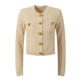 Ember Cropped Structured Jacket - Textured Diamond Pattern - Gold Lion - Head Buttons