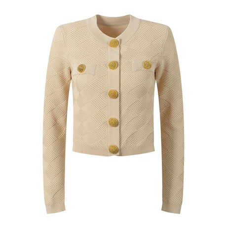 Ember Cropped Structured Jacket - Textured Diamond Pattern - Gold Lion - Head Buttons