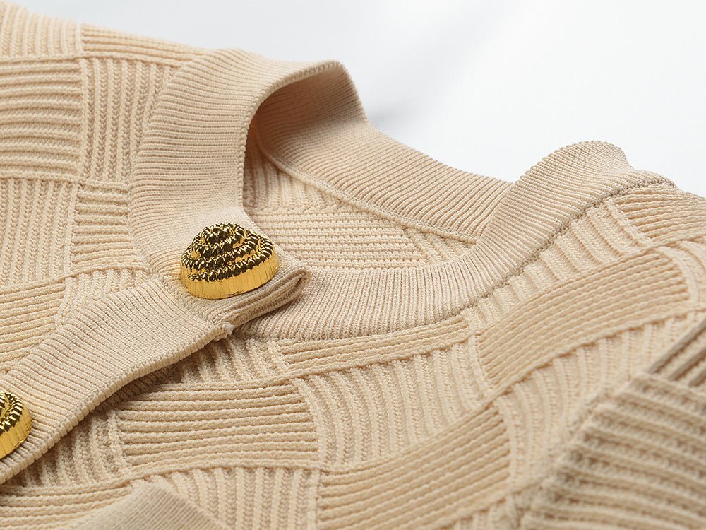 Ember Cropped Structured Jacket - Textured Diamond Pattern - Gold Lion - Head Buttons