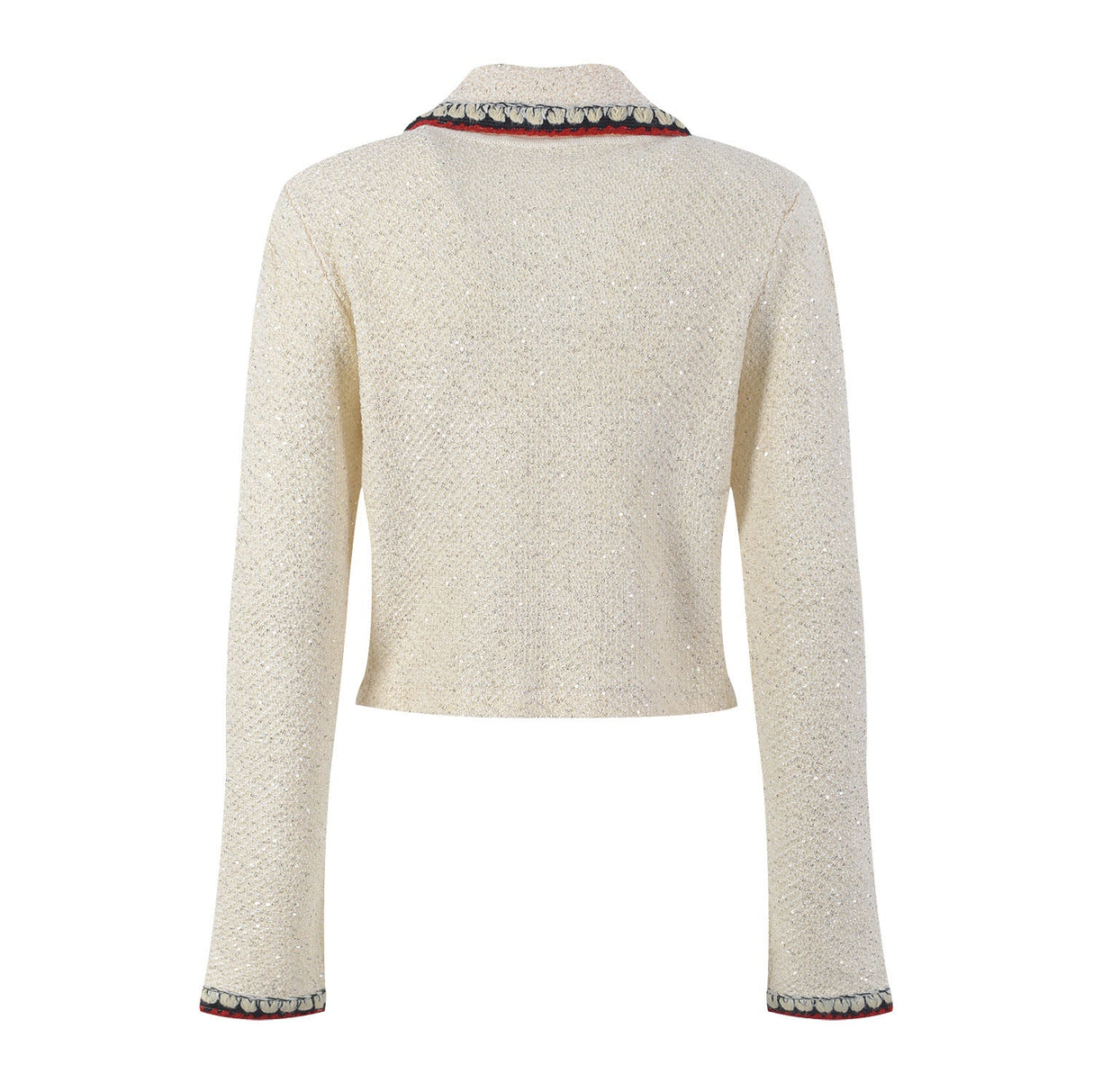 Elegant cream tweed jacket with red and black embroidery, decorative buttons, and a tailored fit