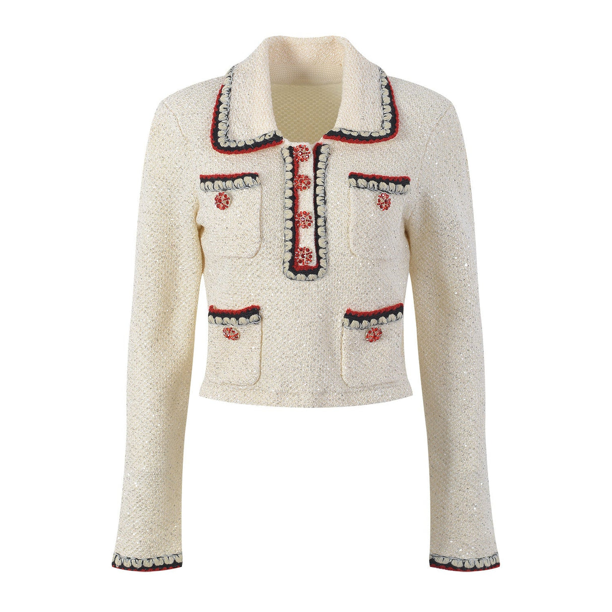 Elegant cream tweed jacket with red and black embroidery, decorative buttons, and a tailored fit