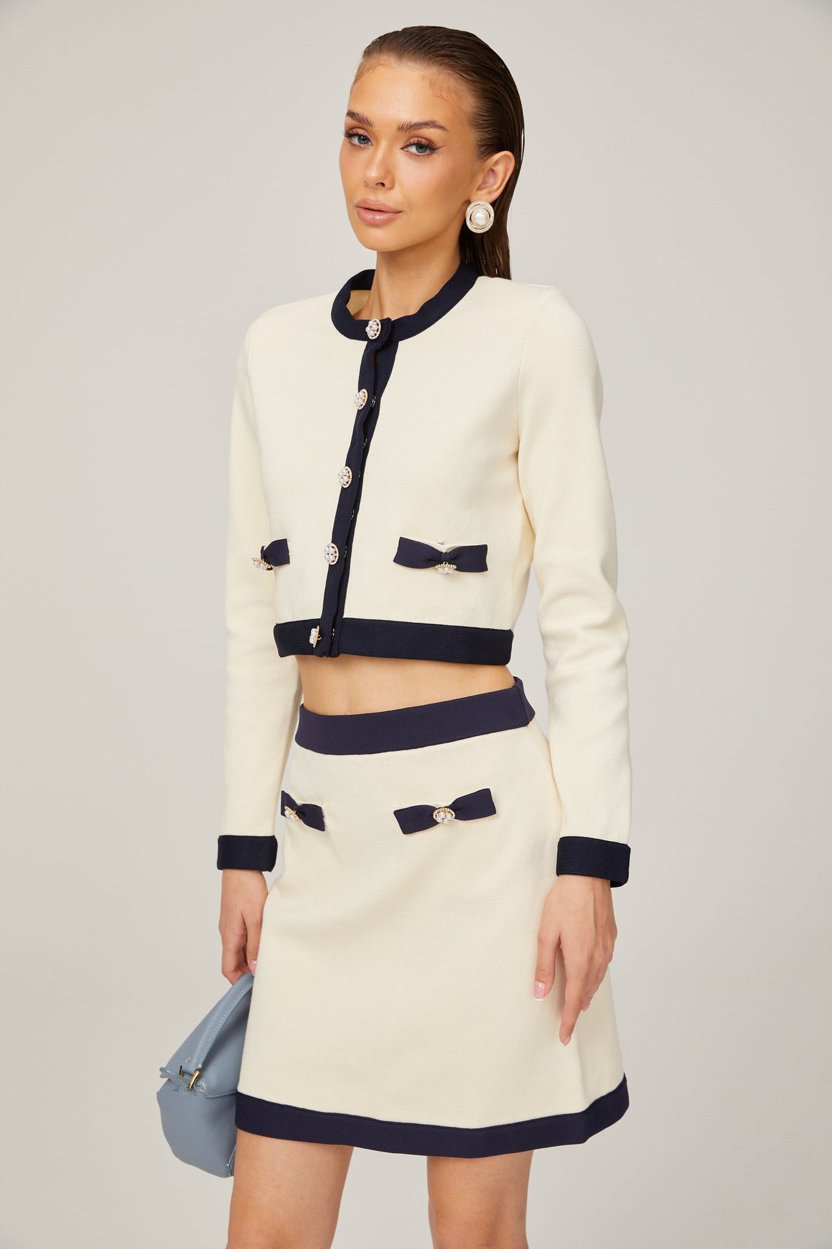 Émeline bowdetail knitted cardigan  skirt matching set