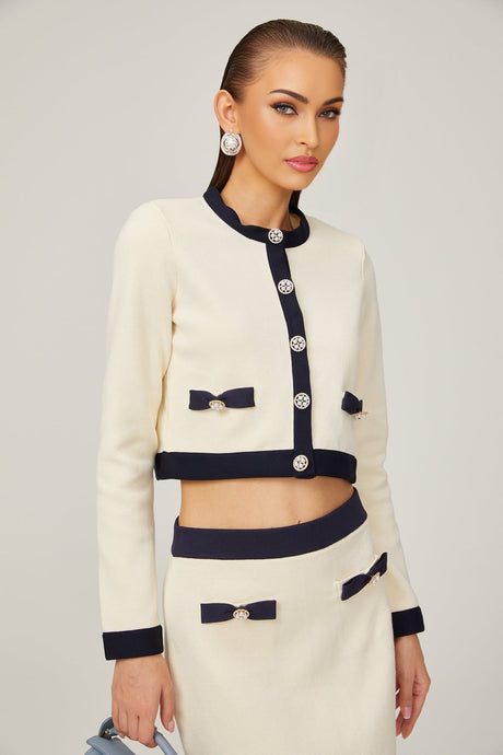Émeline bowdetail knitted cardigan  skirt matching set