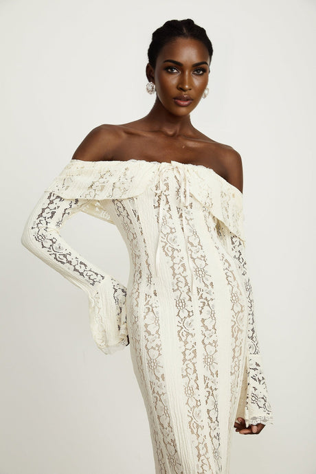 Émeline floral lace flaredcuff maxi dress in Neutrals