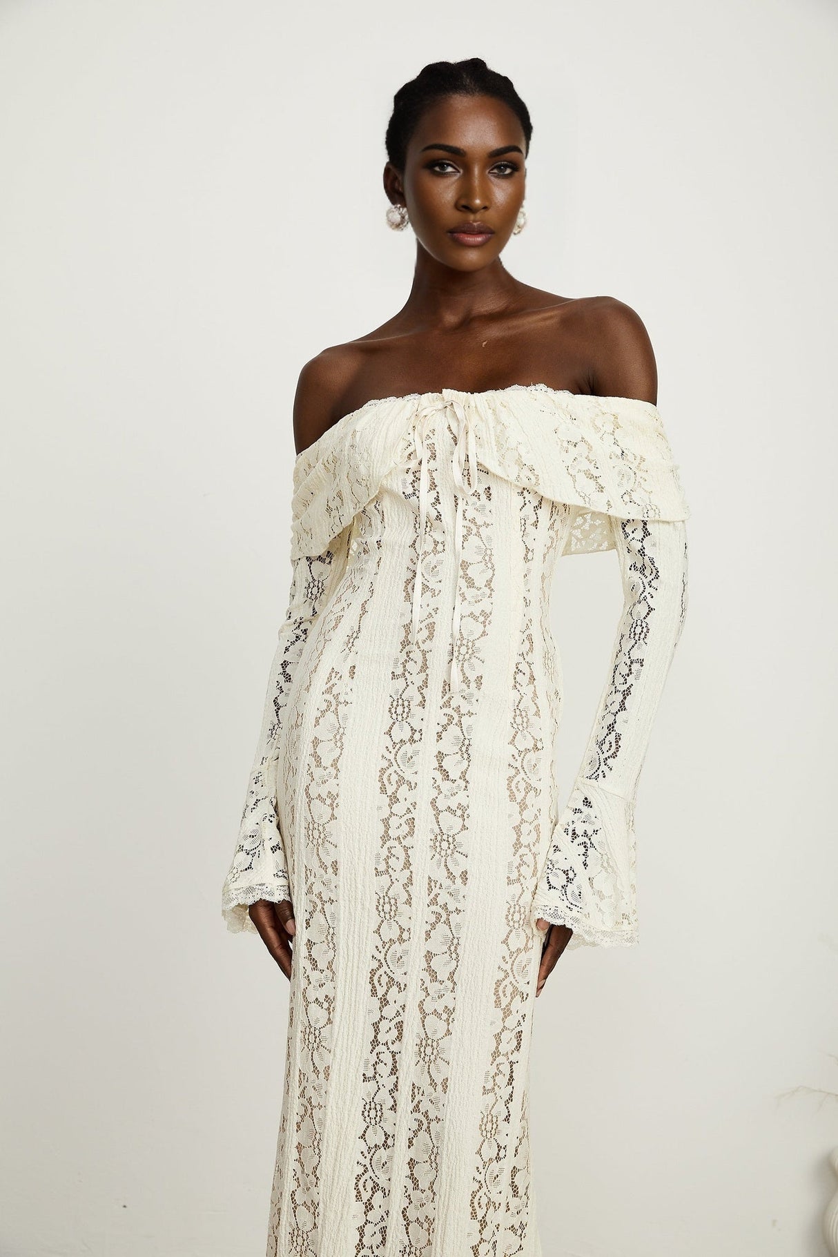 Émeline floral lace flaredcuff maxi dress in Neutrals