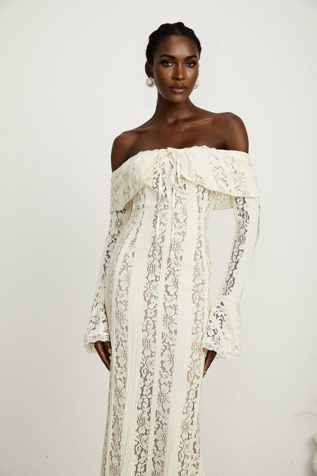 Émeline floral lace flaredcuff maxi dress in Neutrals