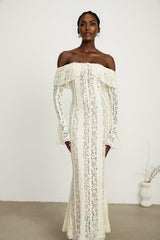 Émeline floral lace flaredcuff maxi dress in Neutrals