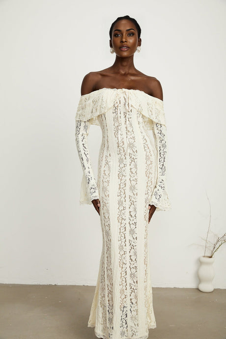 Émeline floral lace flaredcuff maxi dress in Neutrals