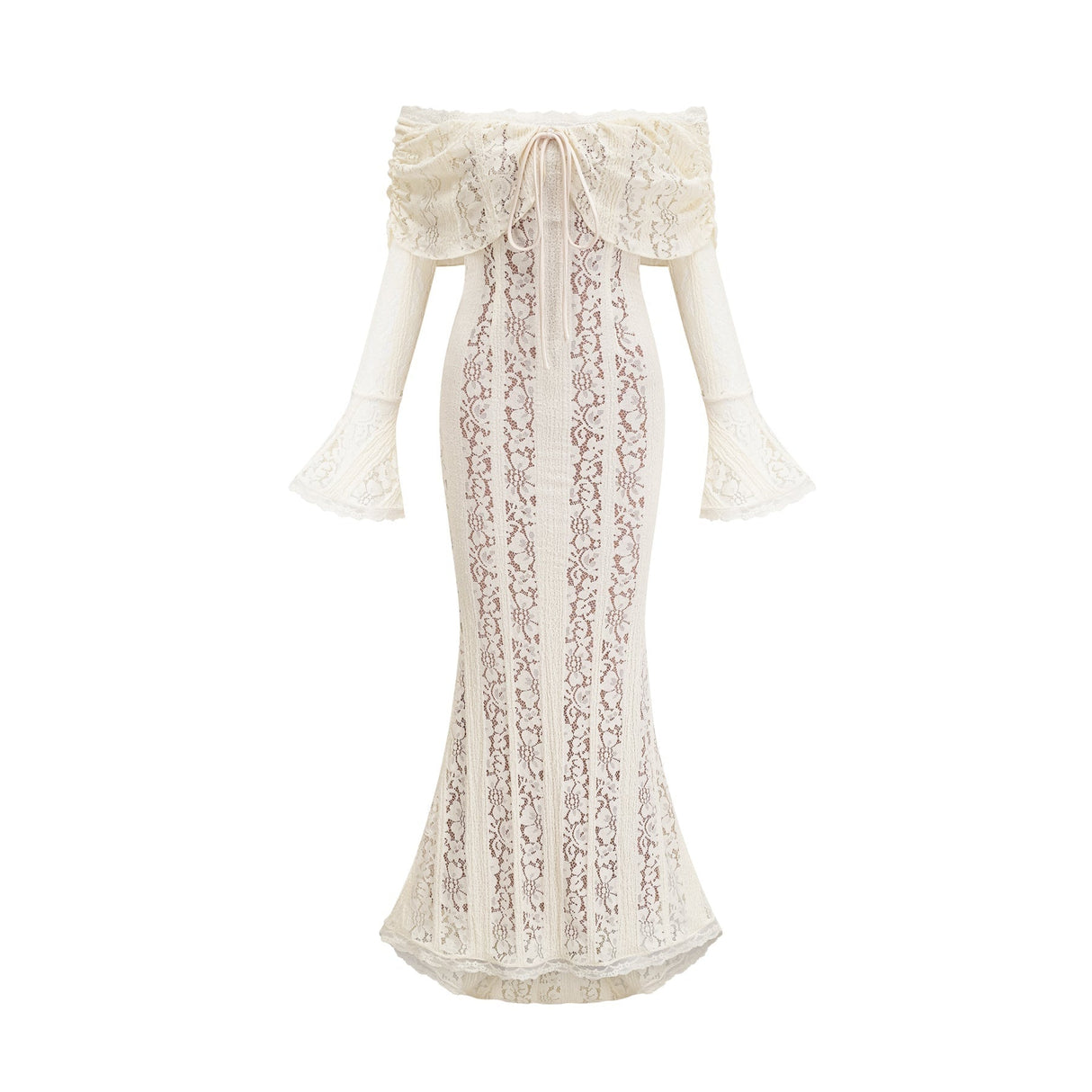 Émeline floral lace flaredcuff maxi dress in Neutrals