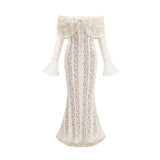Émeline floral lace flaredcuff maxi dress in Neutrals