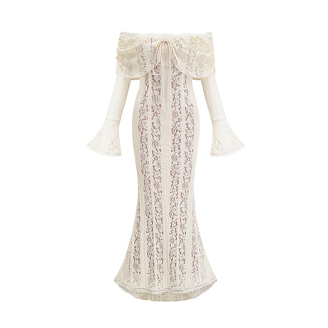 Émeline floral lace flaredcuff maxi dress in Neutrals