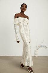 Émeline floral lace flaredcuff maxi dress in Neutrals