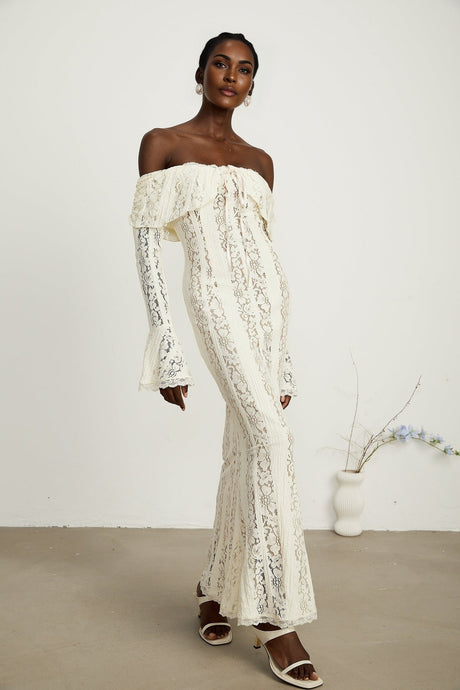 Émeline floral lace flaredcuff maxi dress in Neutrals