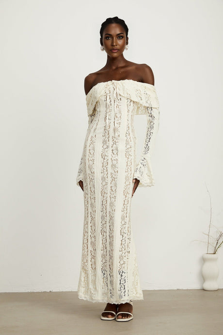 Émeline floral lace flaredcuff maxi dress in Neutrals
