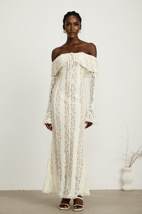 Émeline floral lace flaredcuff maxi dress in Neutrals