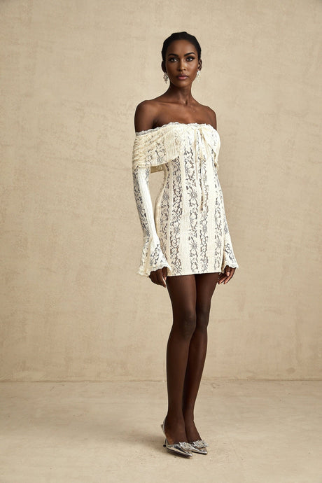 Émeline floral lace flaredcuff mini dress in Neutrals