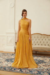 Emerald Gold One Shoulder Ruched Maxi Dress
