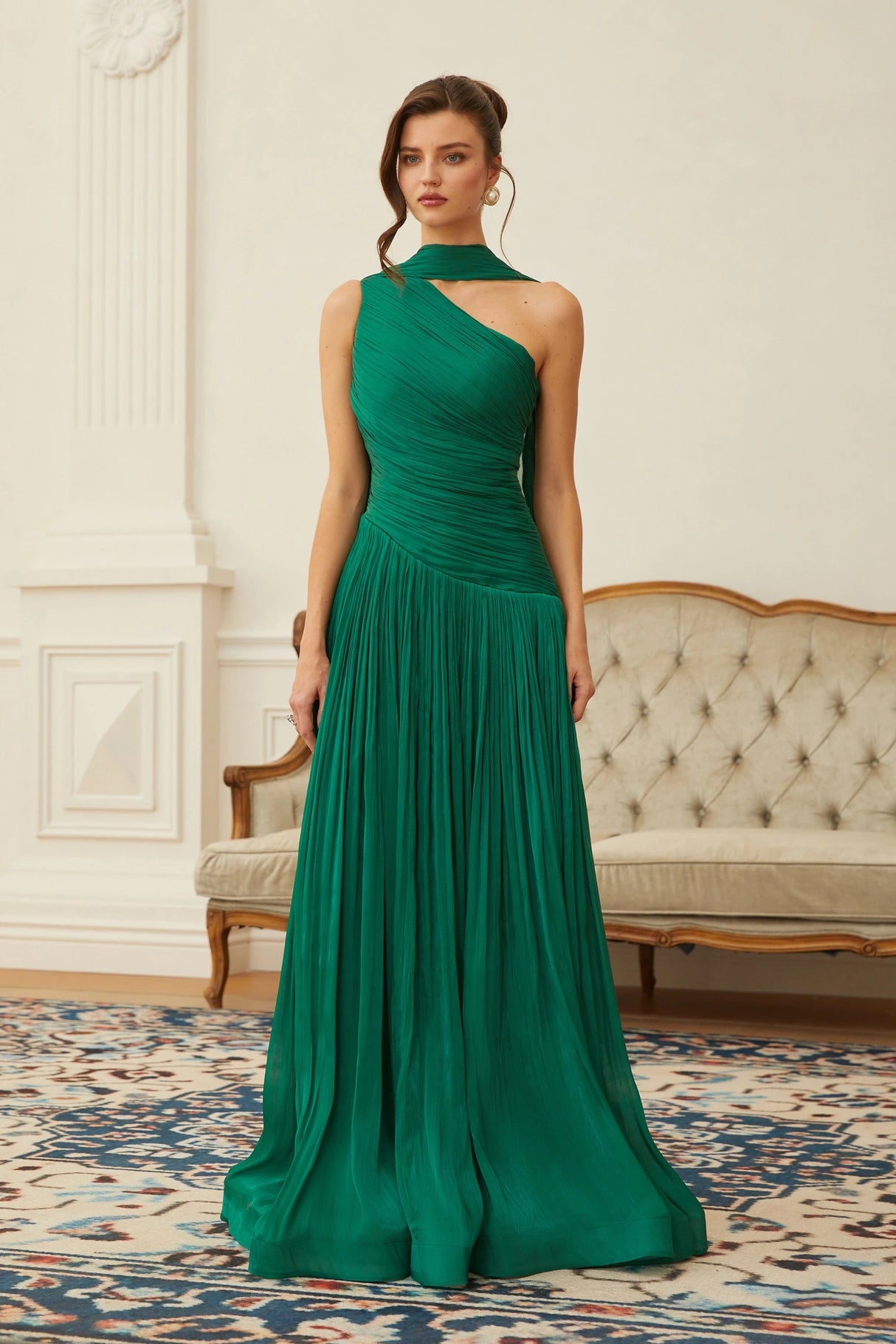 Emerald Green One Shoulder Ruched Maxi Dress
