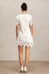 Emerson White Lace Mini Dress with Floral Patterns and Delicate Hem Detailing