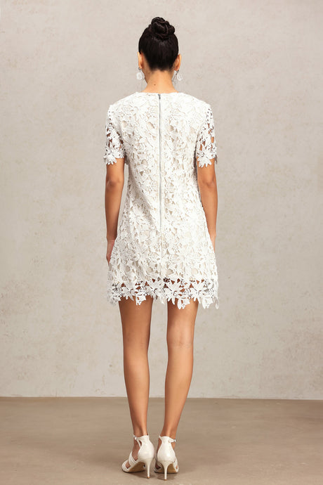 Emerson White Lace Mini Dress with Floral Patterns and Delicate Hem Detailing