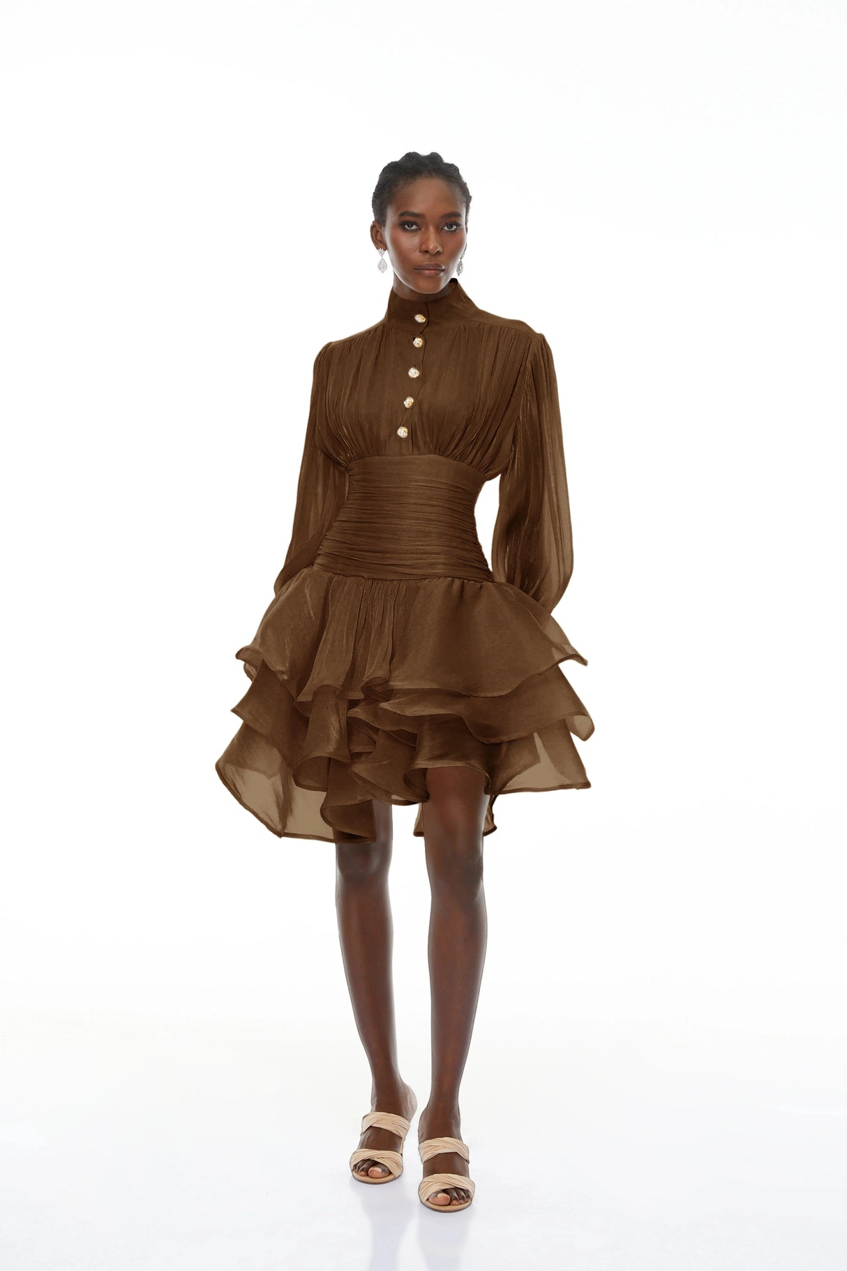 Emersyn Brown HighNeck Ruffled Detail Mini Dress