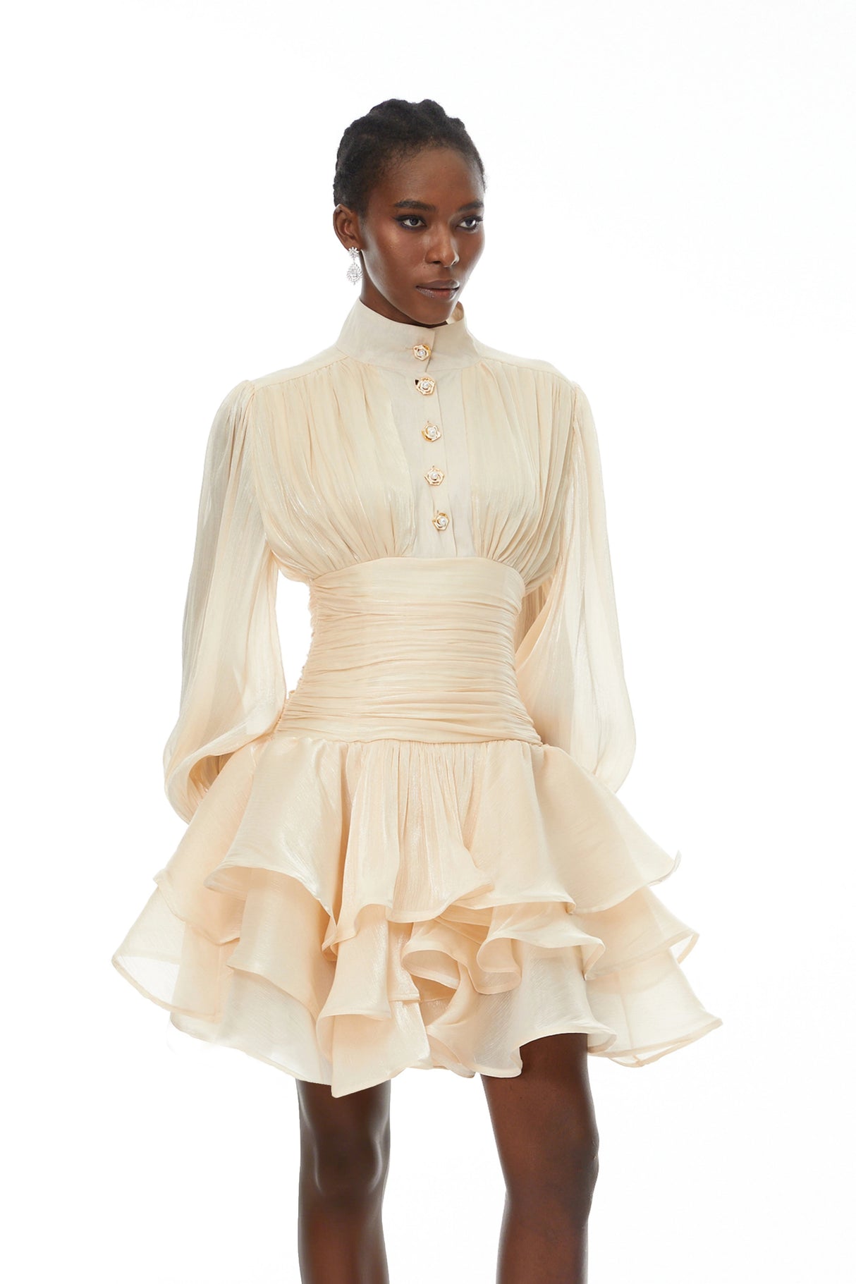 Emersyn Neutrals HighNeck Ruffled Detail Mini Dress