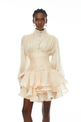 Emersyn Neutrals HighNeck Ruffled Detail Mini Dress