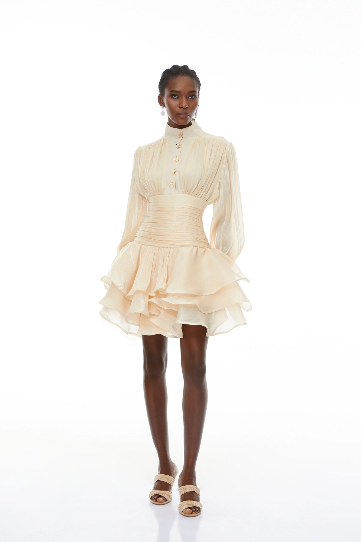 Emersyn Neutrals HighNeck Ruffled Detail Mini Dress